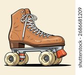 Classic quad roller skate illustration, vintage brown boot shoe, retro 1970s 1980s wheeled footwear vector art.