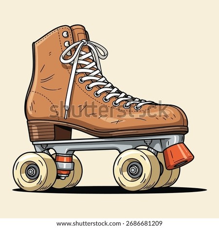 Classic quad roller skate illustration, vintage brown boot shoe, retro 1970s 1980s wheeled footwear vector art.