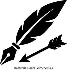 Classic quill pen and a directional arrow vector graphic illustration representing writing, creativity, historical storytelling, and intellectual progression in a simple design.