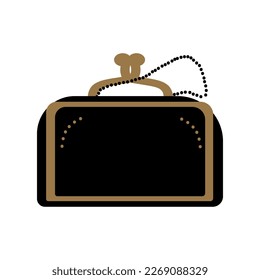 Classic quilted black flap bag with gold chain. Women fashion clutch. Small leather elegant purse. Modern rectangular evening handbag. Flat vector illustration isolated on white background