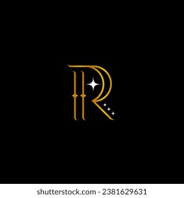 klassisches R-Logo-Design mit Sternflachformat in Schwarz-Gold-Farbe