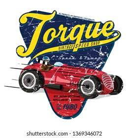 classic race car illustrations, retro badges with old race car, Dirty Garage T-shirt Design, vintage race car for printing. vector old school race poster, artwork for children wear. Textile graphic.