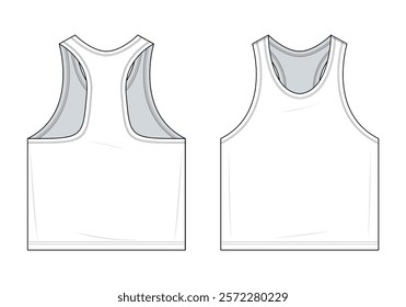 Classic Racerback Tank Top Technical Fashion Illustration. Sleeveless Racerback Tank Top with Double Stitching Details Vector Template. Front and Back View. Relaxed Fit. Unisex. White. CAD mockup set.