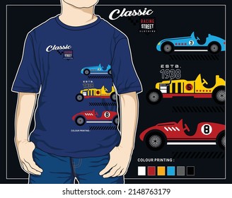 classic racing team, vector car cartoon graphic t shirt illustration design