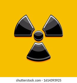 Classic radiation warning symbol on yellow background. Black shiny sign in cartoon style. Radioactive danger pictogram. Glossy buttons. Stock vector illustration. Cute elements for video games 