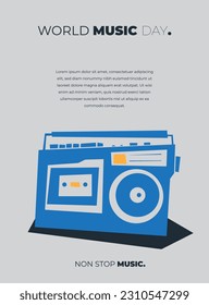 Classic radio in blue flat design for world music day template