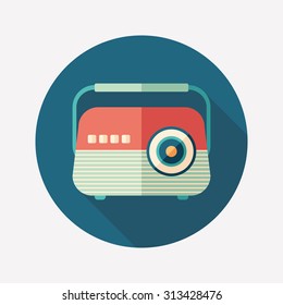 Classic radio receiver flat round icon with long shadows.