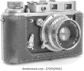 Classic rangefinder camera illustration in halftone duotone retro photography style