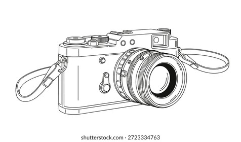 Classic rangefinder camera with a long leather strap is illustrated in a clean line art style showing technical mechanical details.