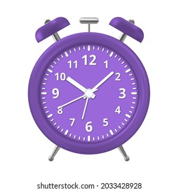 Classic realistic alarm clock. Clock color light violet-blue on white background. Vector illustration.