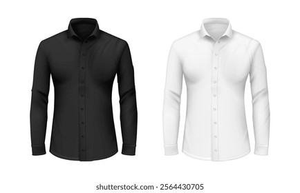 Classic realistic shirts with long sleeves, isolated casual clothing for men. Vector mockup for male apparel and fashionable wearing look. Piece of clothing, fashion and design collection