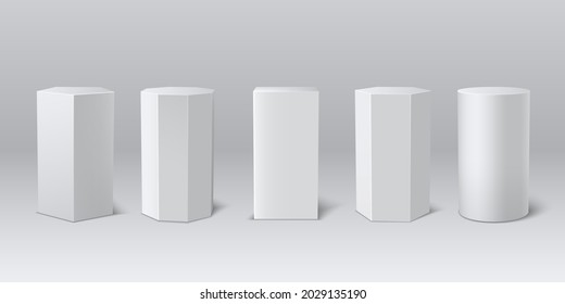 Classic realistic white 3d podium museum set. Empty stage, pedestal for product presentation.