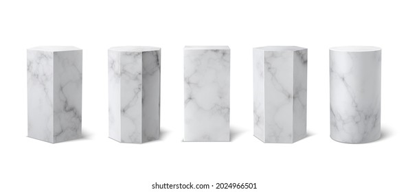 Classic realistic white marble 3d podium museum set on white background.