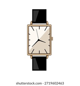 Reloj de pulsera rectangular clásico con una carcasa de color dorado, una cara de color claro y una correa de cuero negro, que representa la medición del tiempo, la precisión y la sofisticación