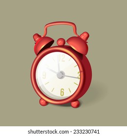Classic red alarm clock with bells on top, vector illustration