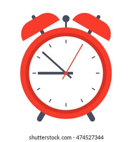 Classic red alarm clock in flat style.