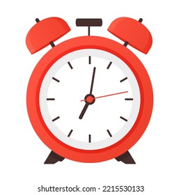 Classic red alarm clock - modern flat design style single isolated image. Neat detailed illustration of time measuring object. Deadline, night or day, planning and countdown. What hour is it