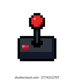 Classic red ball top arcade joystick in pixel art style. Retro 8-bit gaming controller isolated on white background vector.