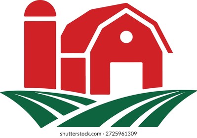 Granero rojo clásico y silo de pie prominente sobre vibrantes campos agrícolas verdes