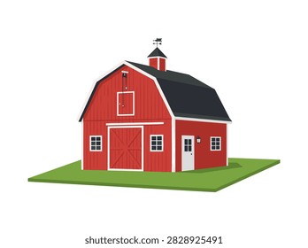 Classic Red Barn Vector Illustration with Gambrel Roof on Green Grass Patch