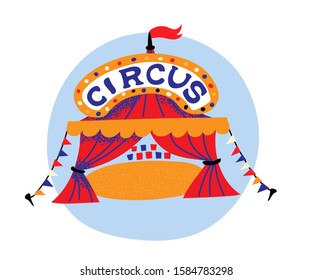 Classic red big top flat circus tent with flags garlands decoration over sky-blue circle isolated on white. Carnival or entertainment design. Funfair and carnival holidays. Vector cartoon illustration