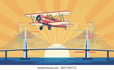Classic red biplane flies low over a large cable-stayed suspension bridge during a warm sunrise or sunset.