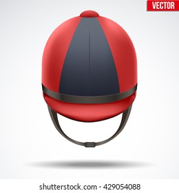 Classic Red And Black Jockey Helmet For Horse Riding Athlete. Front View Of Sport Equipment. Vector Illustration Isolated On A White Background.