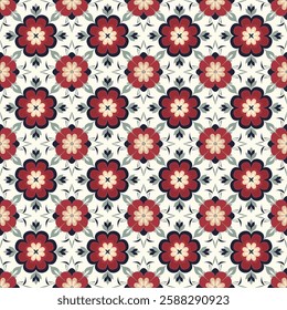Classic Red and Blue Floral Tile Seamless Pattern with Ornamental Motifs