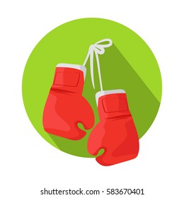 Classic red boxing gloves hanging on a nail on green circle flat vector illustration isolated on white background. Sport inventory.  Fighting spirit. For games sport stores app web, design