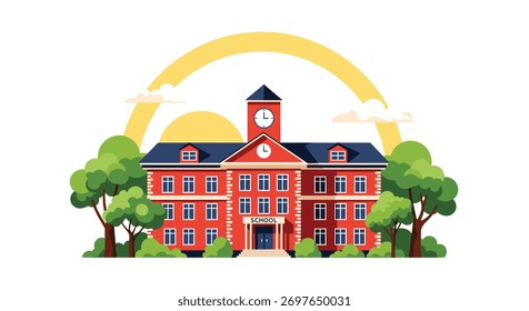 A classic red brick school building with a clock tower, surrounded by green trees, under a bright yellow arc in a cheerful flat design style.