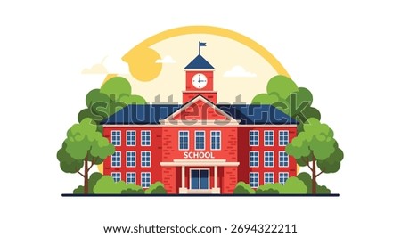 A classic red brick school building with a clock tower stands under a sunny sky.
