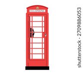 Classic red British telephone box vector illustration. Iconic London phone booth with crown symbol isolated on white background.