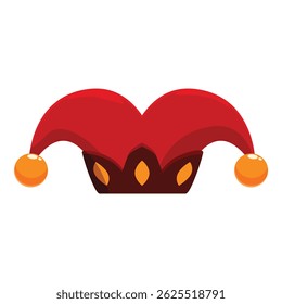 Classic red and brown joker hat with orange balls, symbolizing fun, humor, and entertainment