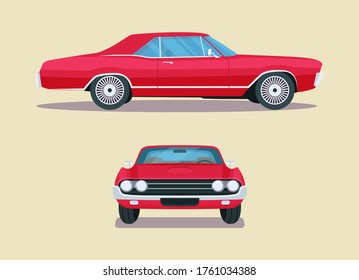 Classic red car isolated. Set, side and front view. Vector  illustration