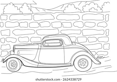 Classic Red Car Line Drawing, A black and white line drawing of a classic vintage car, potentially red, parked in front of a stone wall and landscape. This illustration is perfect for coloring pages