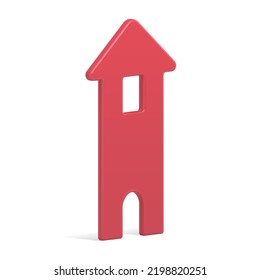 Classic red castle tower village house with triangle roof and arch entrance slim figure isometric vector illustration. Traditional realistic glossy palace countryside fairy tail building facade