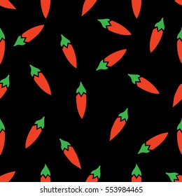 Classic red chili peppers seamless pattern. isolated on black background.