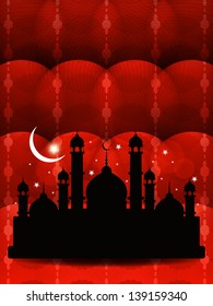 Classic red color religious eid background with mosque. vector illustration