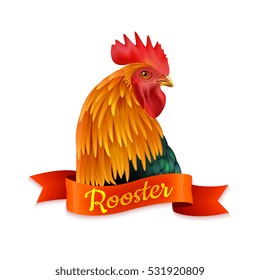Classic red country rooster head turned aside closup image colorful picture with ribbon text vector illustration 