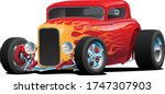 Classic Red Custom Street Rod Car with Hotrod Flames and Chrome Rims Isolated Vector Illustration