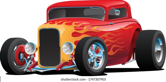 Classic Red Custom Street Rod Car with Hotrod Flames and Chrome Rims Isolated Vector Illustration