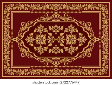 Alfombra clásica de damasco rojo con medallones florales dorados, diseño simétrico y detalles de borde vintage adornados.