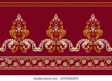 Classic red damask pattern with gold floral scrolls and intricate detailing. Ideal for textile prints, luxury packaging, and interior design. Seamless vector for digital or print projects.