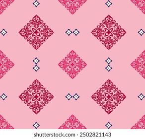 Classic red damask pattern with small flowers seamlessly. Artistic print ornament. Designed for rugs, doormats, wallpapers, wrapping papers, fabrics and clothing.