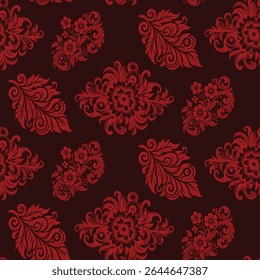 Padrão de damasco vermelho clássico sem costura com medalhões florais ornamentados em um fundo borgonha escuro. Um design luxuoso e tradicional para papel de parede e tecido opulento.