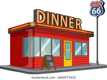 Classic red diner with neon sign and Route 66 emblem. Bright colors and clean lines create a nostalgic feel