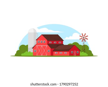 Classic red farmhouse semi flat vector illustration. Silo tower beside willa. Windmill on countryside ranch. Local agricultural business. Farm 2D cartoon object for commercial use