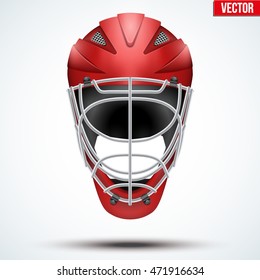 Classic Red Goalkeeper Ice And Field Hockey Helmet Isolated On Background. Sport Equipment. Editable Vector Illustration Isolated On White Background.