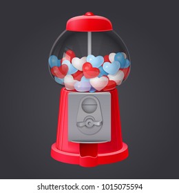 classic red gumball vending machine filled with red blue and white bubble gum hearts on dark background. 3d realistic vector illustration with transparent glass
