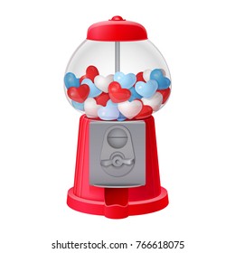 classic red gumball vending machine filled with red blue and white bubble gum hearts isolated on white background. 3d realistic vector illustration with transparent glass